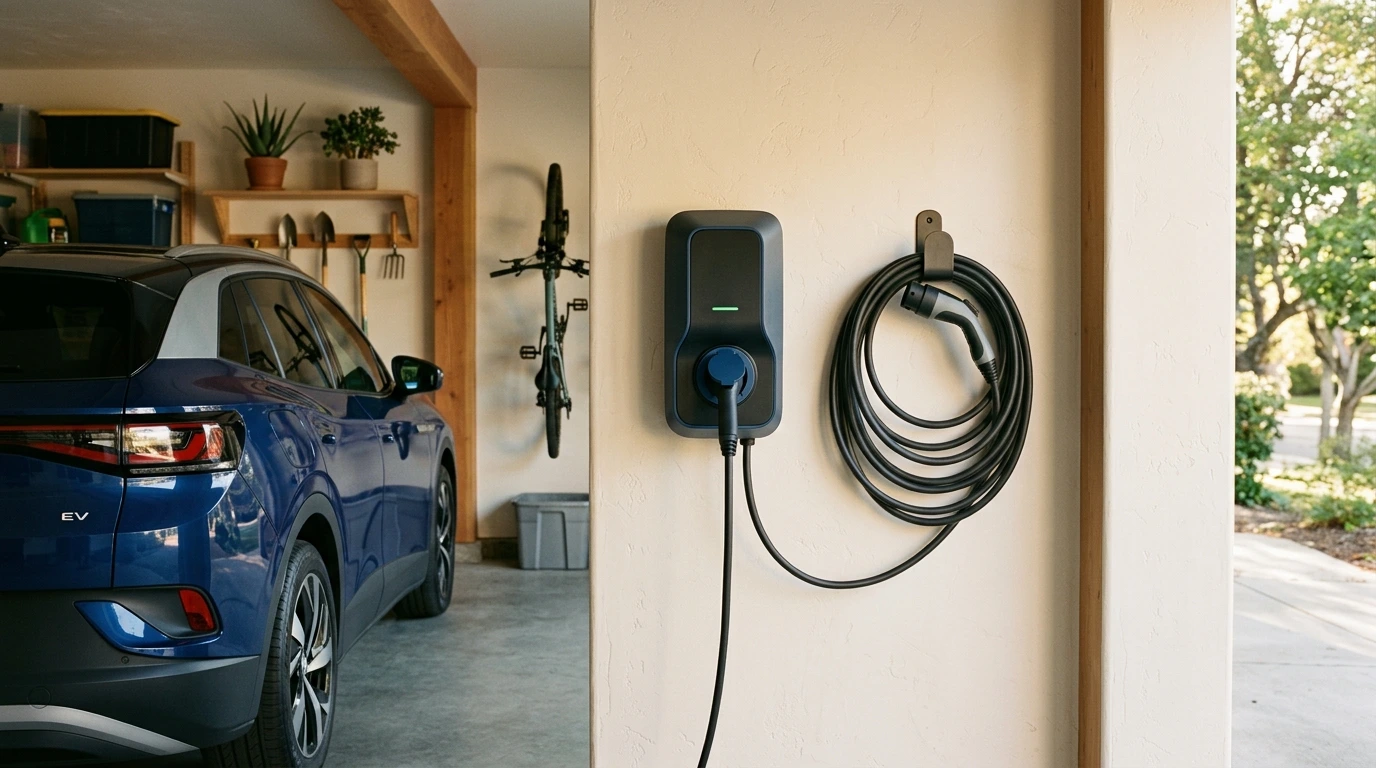Borne de recharge installée dans un garage de maison individuelle