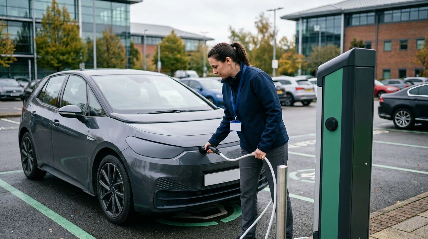 Salarié rechargeant son véhicule sur le parking de son entreprise