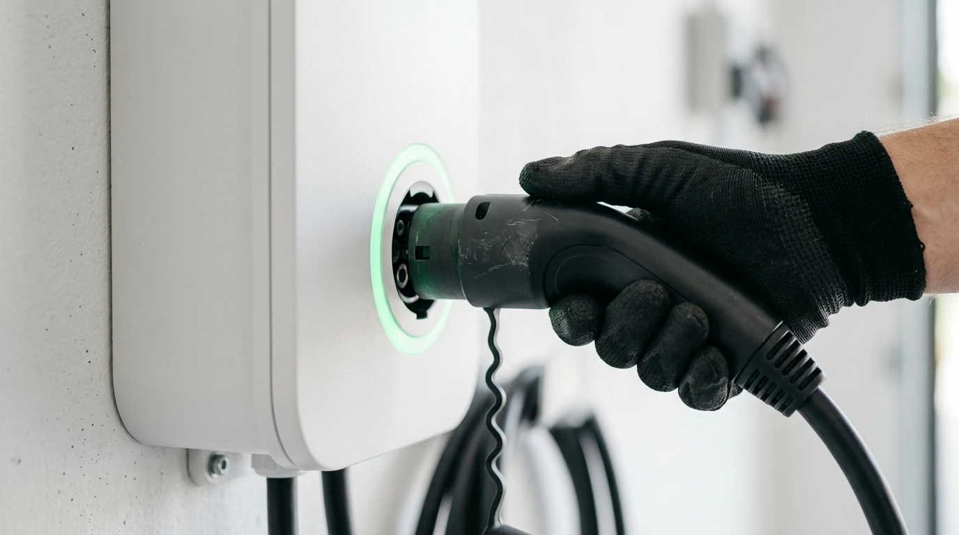 Détail d'une wallbox murale et de son câble de charge