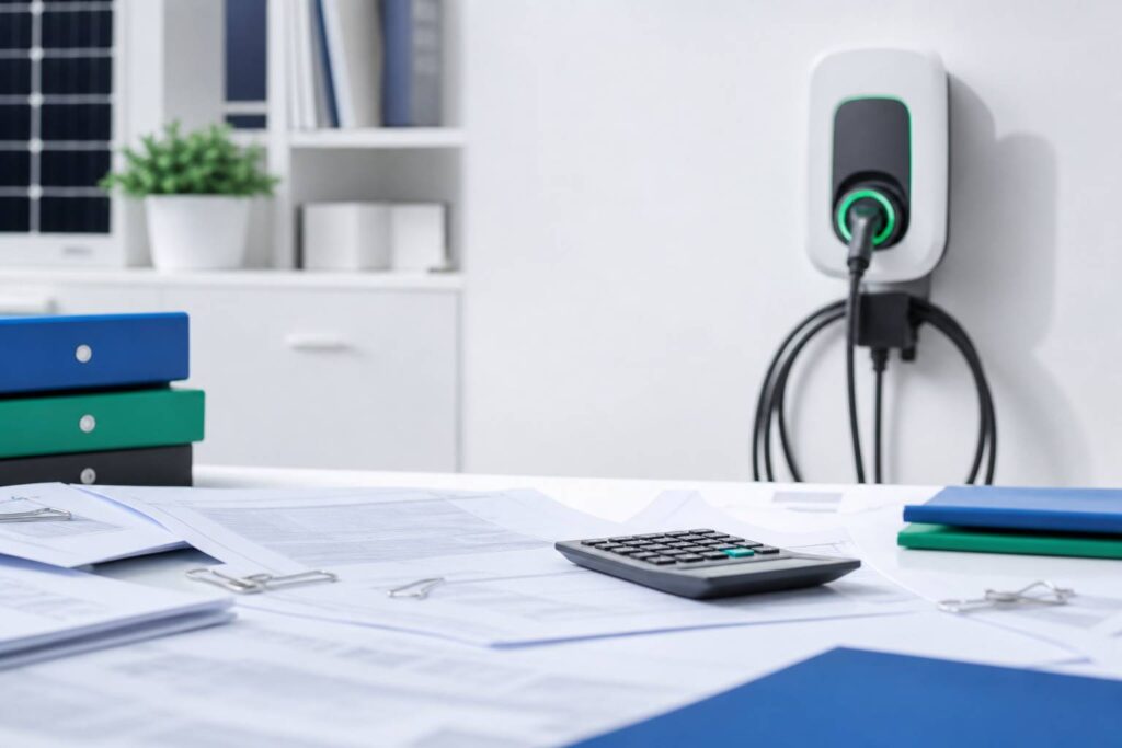 Bureau avec documents de devis, calculatrice et wallbox en arrière-plan