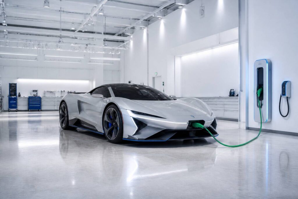 Hypercar électrique générique sans logo dans un atelier moderne avec câble de recharge