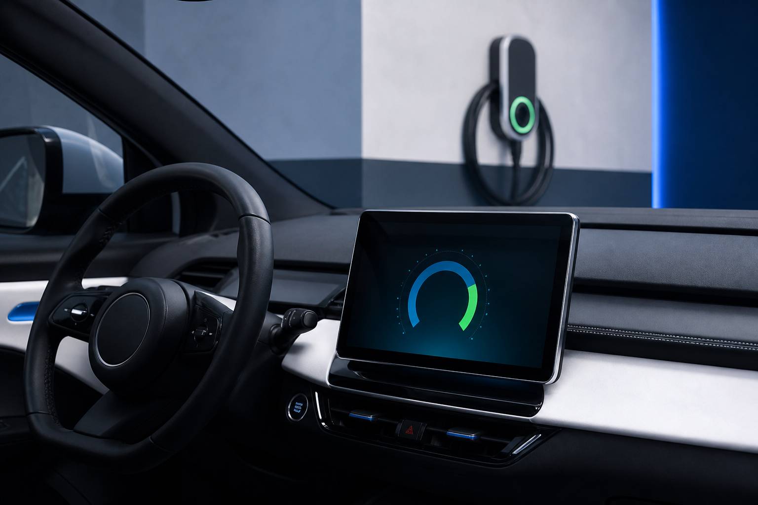 Tableau de bord électrique avec jauge d'autonomie et borne de recharge