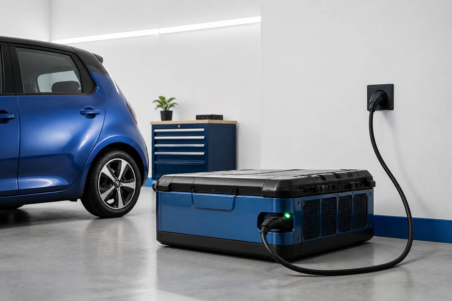 Batterie électrique amovible posée près d'une micro-voiture
