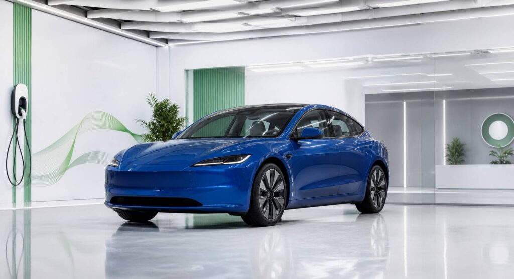 Berline électrique générique bleue dans un showroom lumineux aux lignes épurées