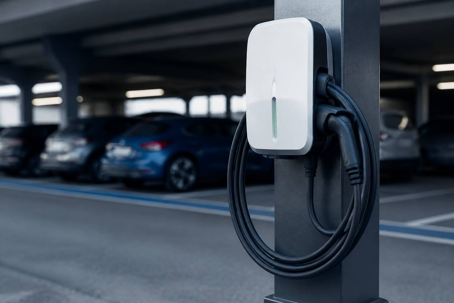Borne de recharge fixée à un poteau de parking d'entreprise