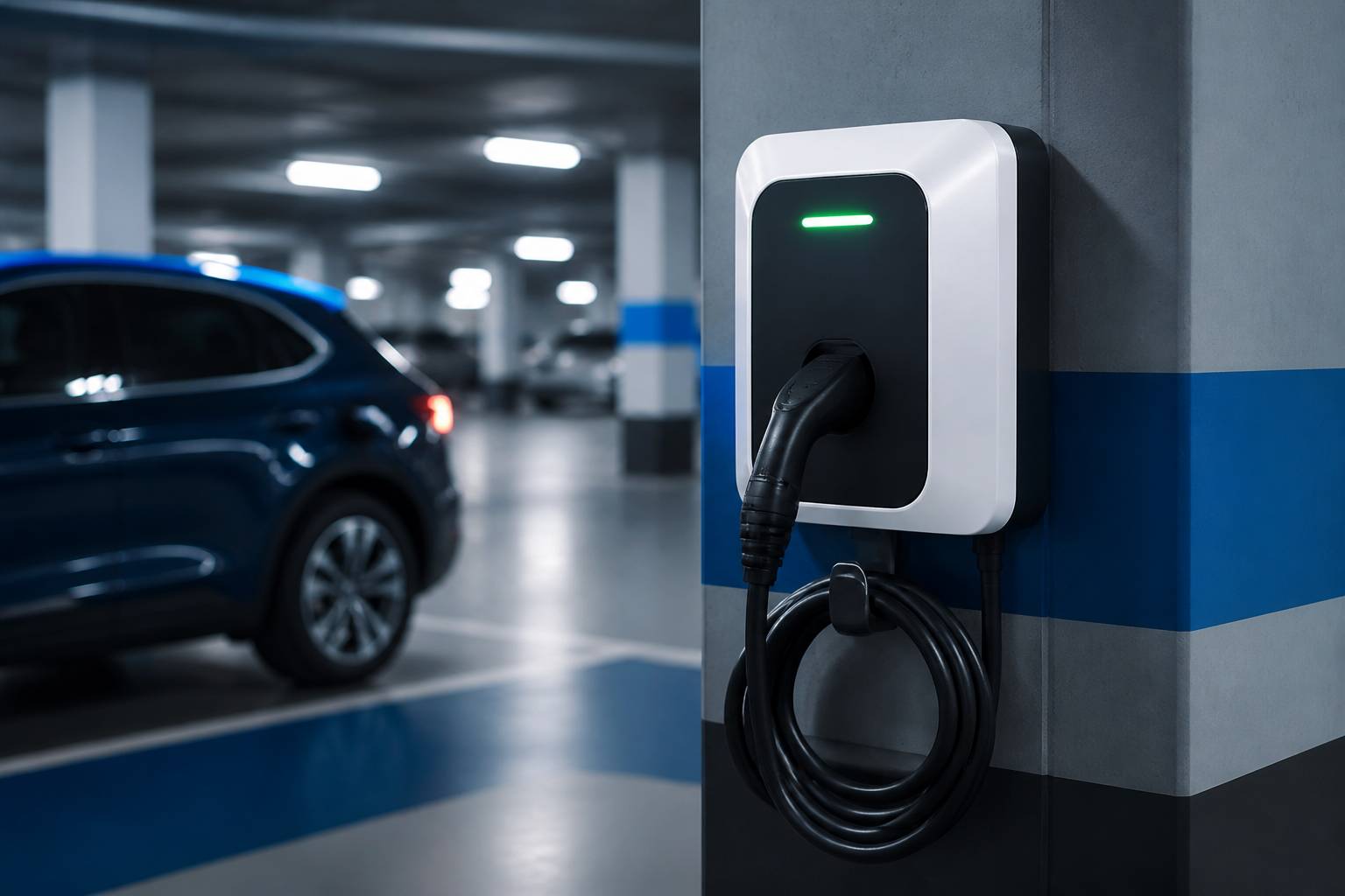 Borne de recharge fixée à un poteau de parking avec câble enroulé