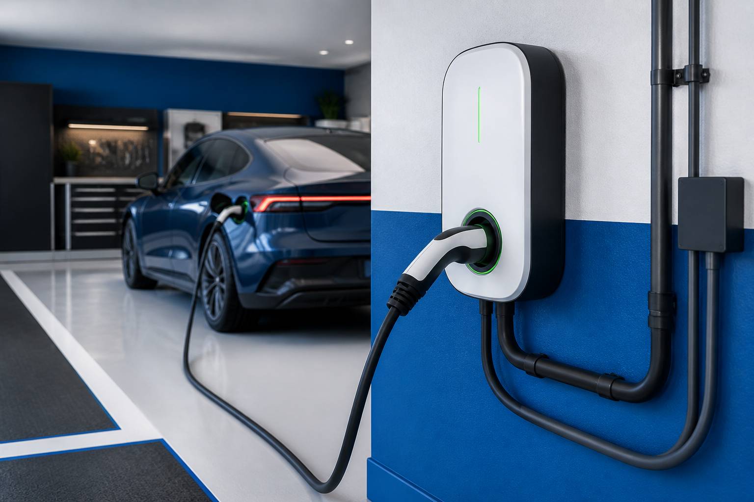 Câble de recharge branché sur une borne avec voiture électrique en fond
