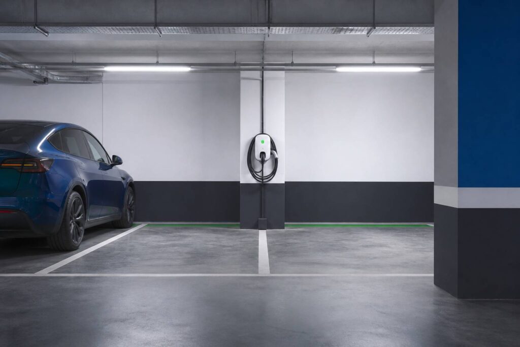 Borne de recharge murale sur un poteau dans un parking souterrain