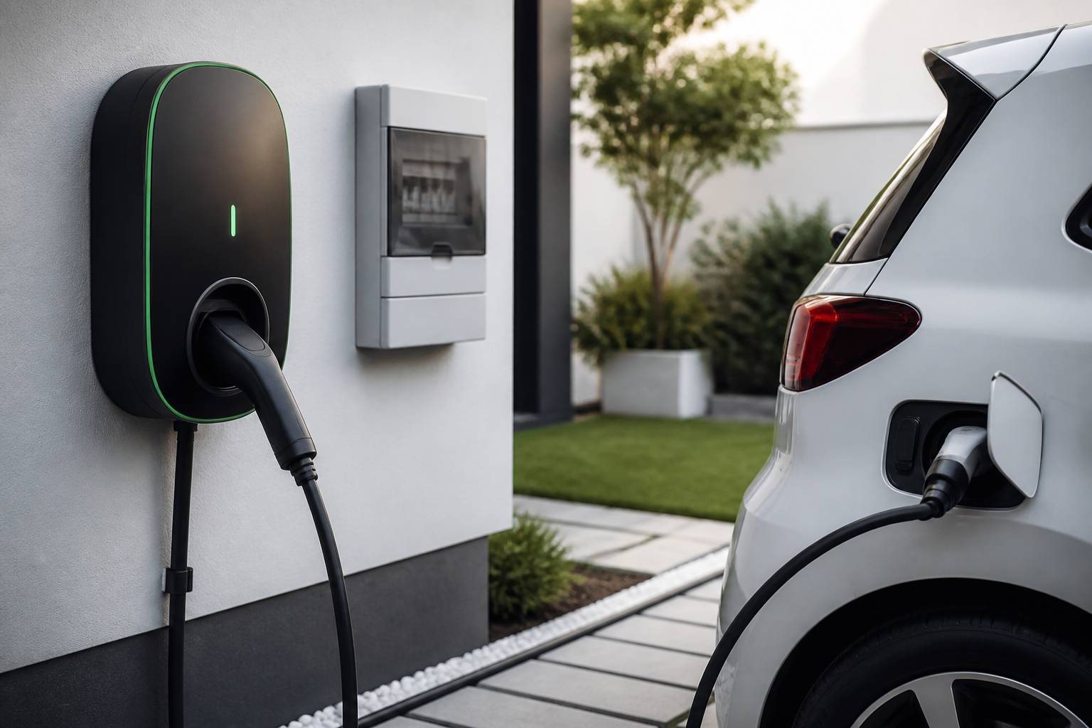Borne de recharge murale avec câble branché sur une petite voiture électrique