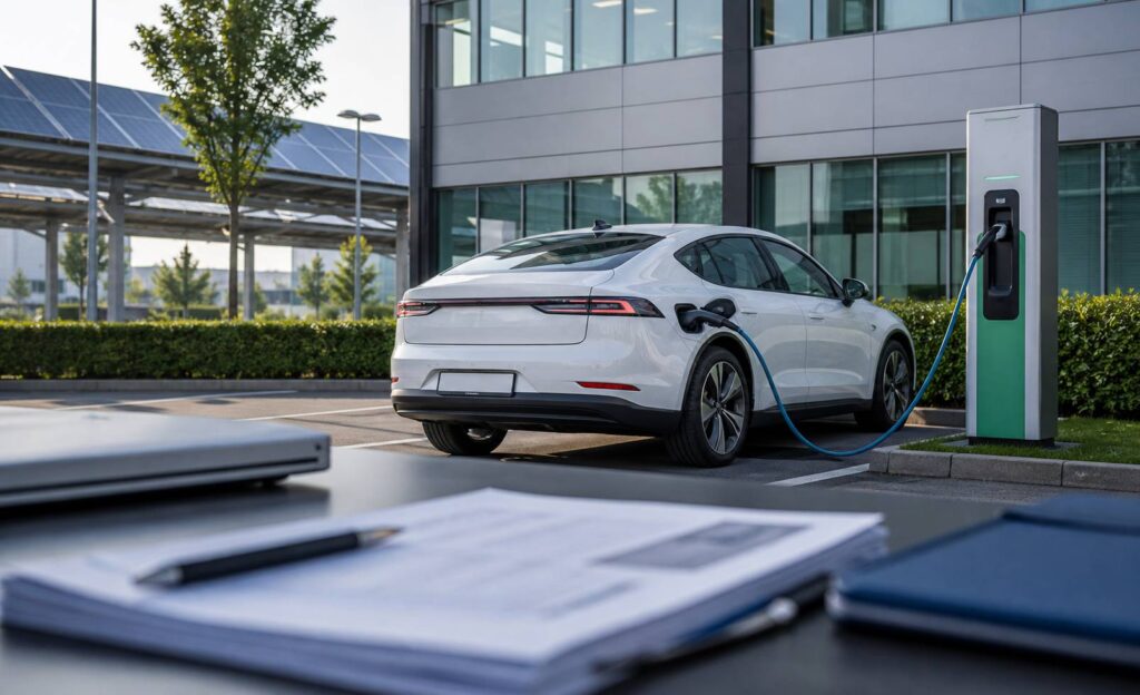 Voiture électrique branchée sur une borne dans un parking d'entreprise