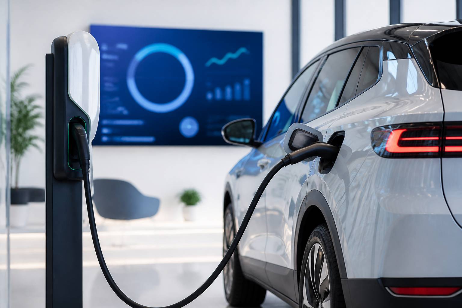 Borne de recharge branchée sur une voiture électrique dans un showroom