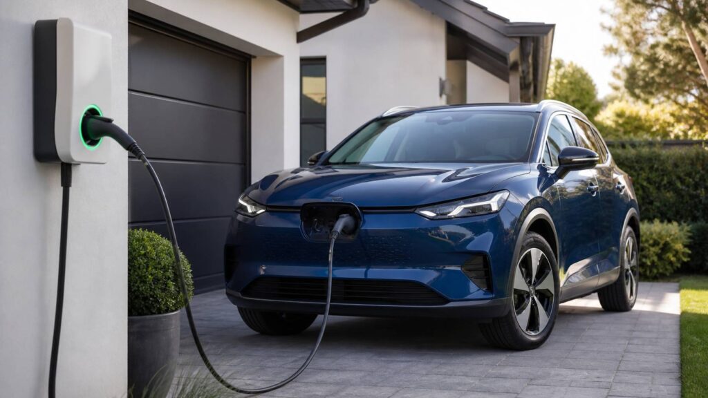 SUV électrique bleu branché à une borne murale devant une maison