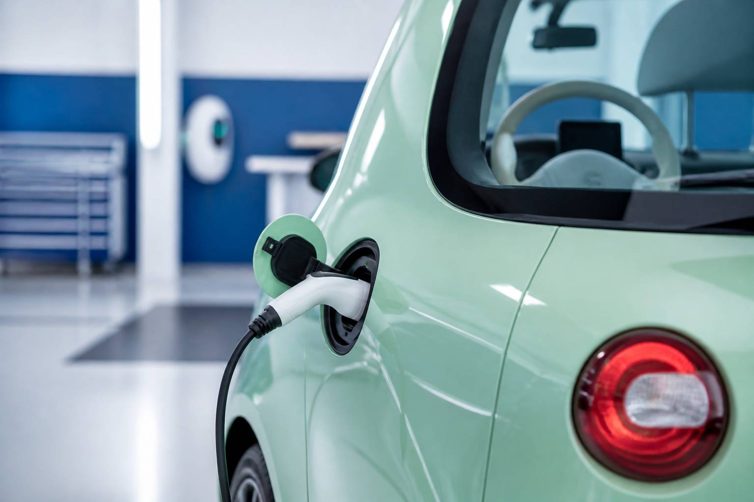 Câble de recharge branché sur une petite voiture électrique