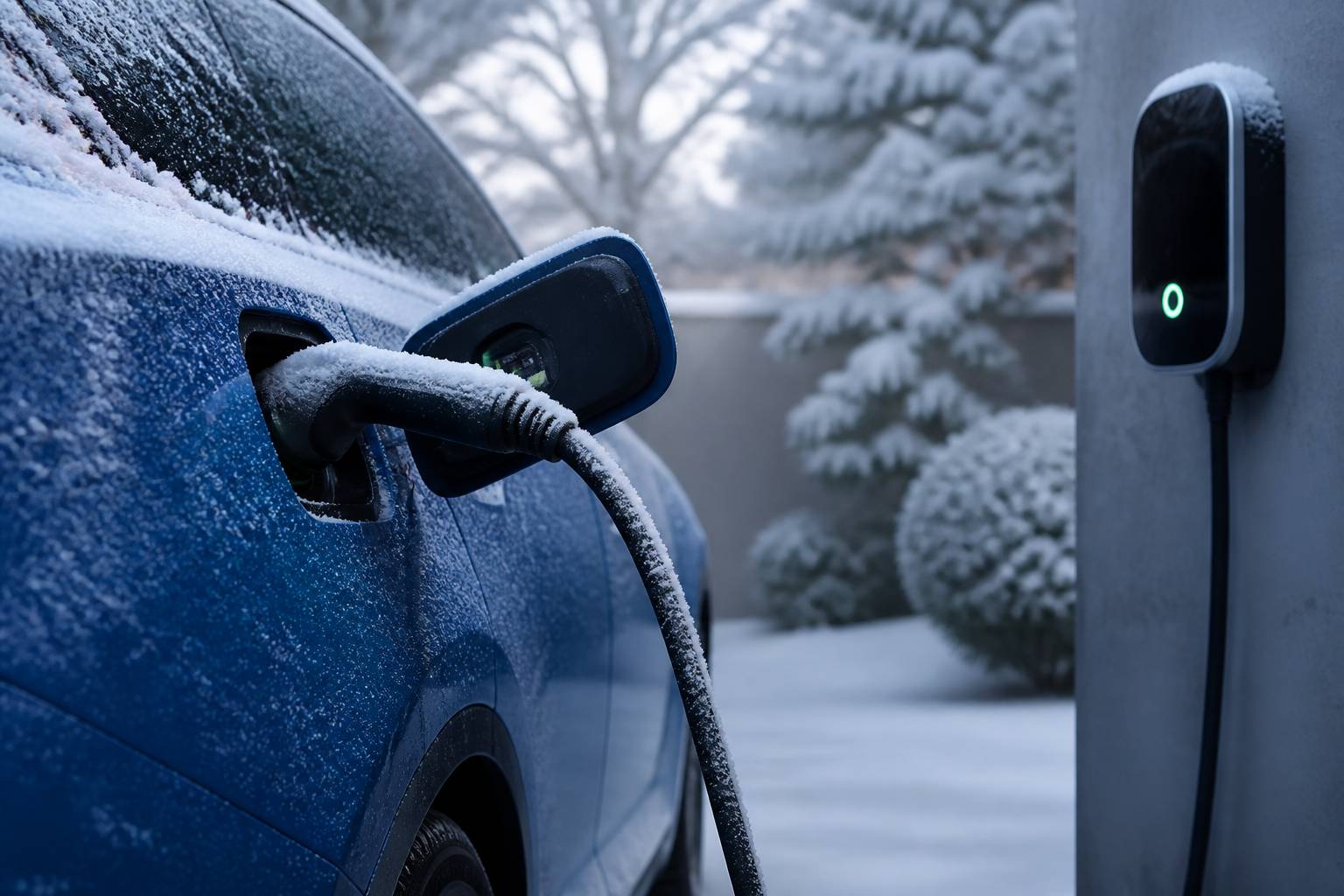 Câble de recharge couvert de neige branché sur une voiture électrique