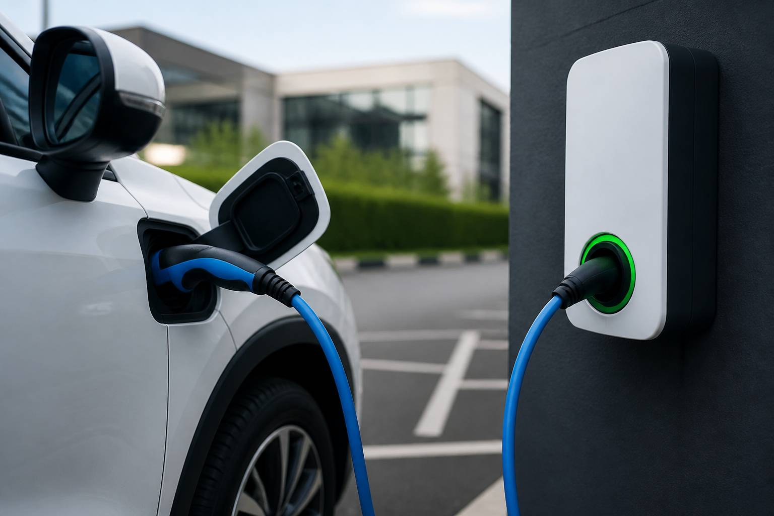 Câble de recharge branché sur une voiture électrique dans un parking