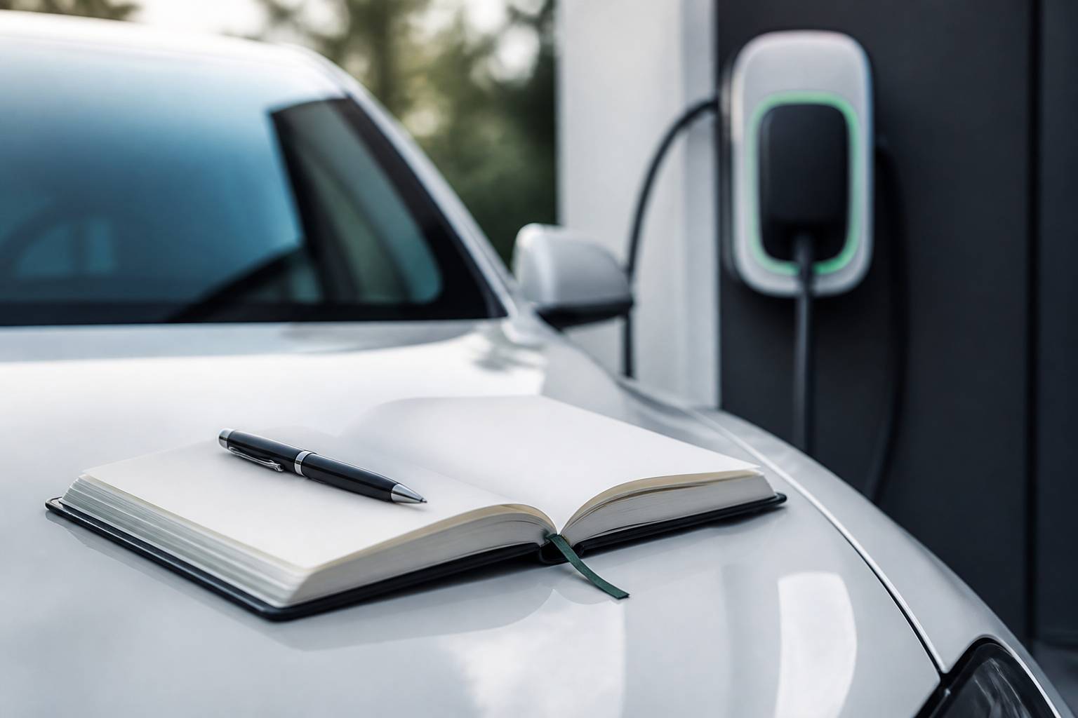Carnet ouvert et stylo posés sur le capot d'une voiture électrique