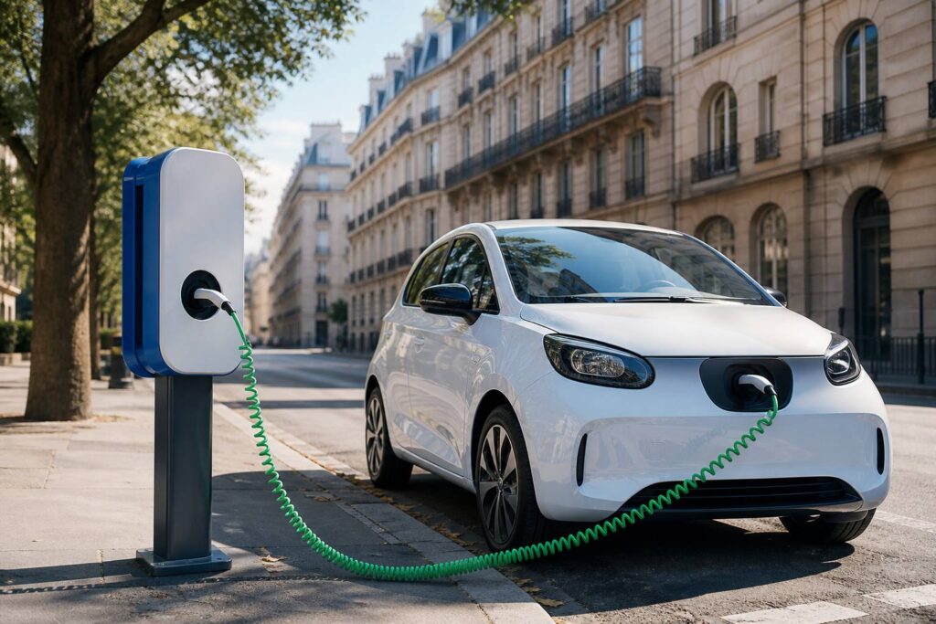 Petite citadine électrique garée devant une borne de recharge dans une rue urbaine