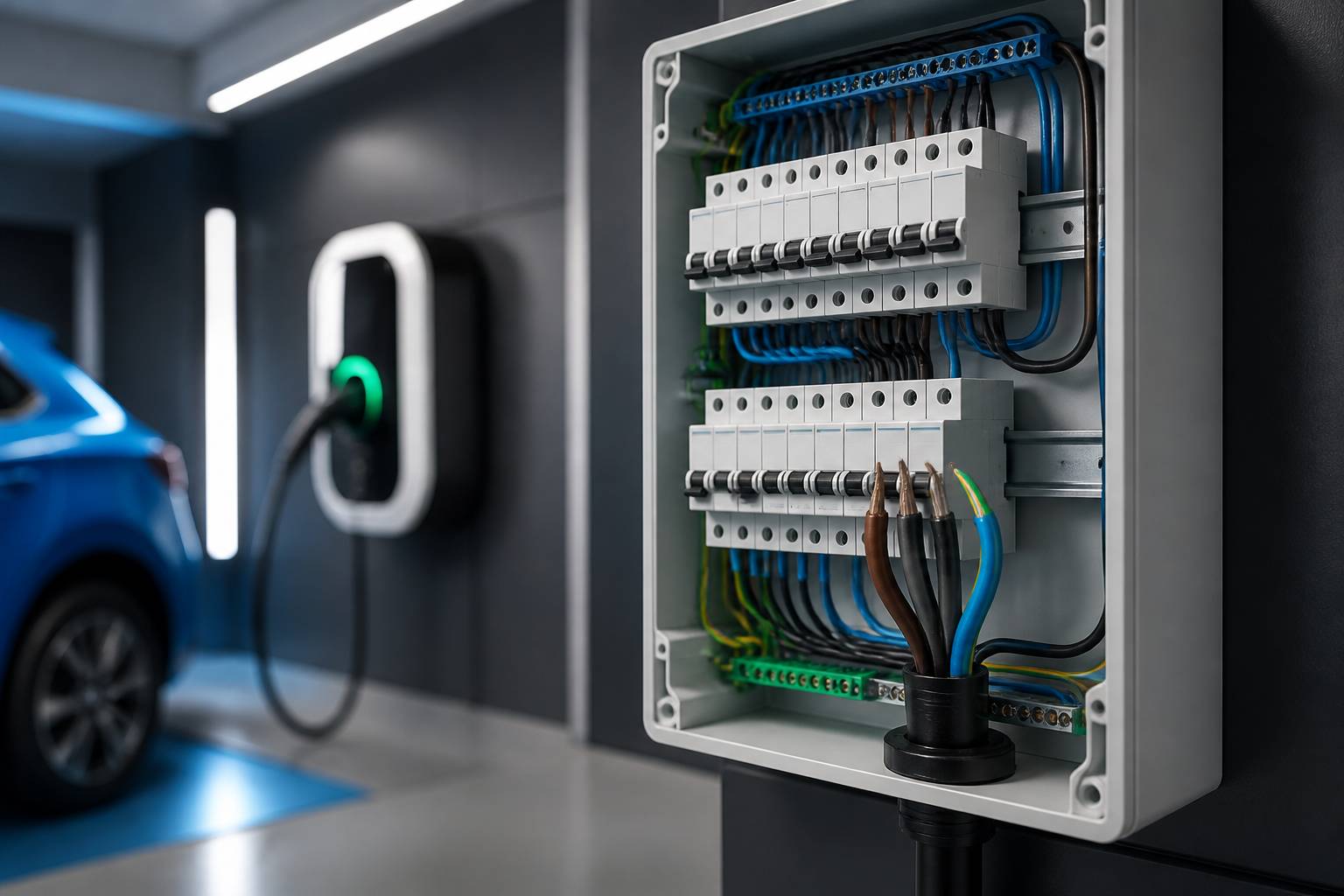 Coffret électrique ouvert avec disjoncteurs et câble triphasé