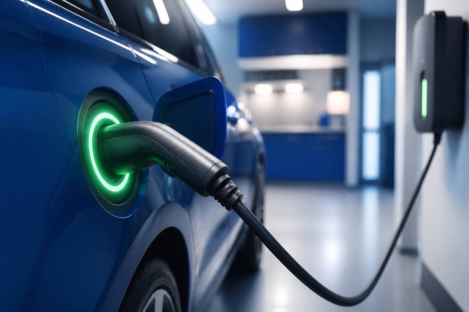 Connecteur de charge inséré avec voyant lumineux et câble vers la wallbox