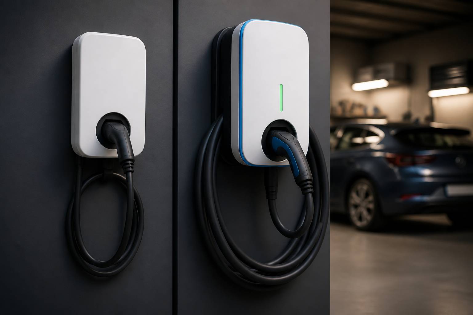 Deux wallbox côte à côte, l'une simple et l'autre avec câble épais