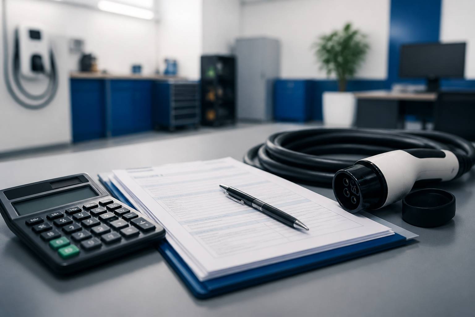 Calculatrice et documents administratifs avec un câble de recharge