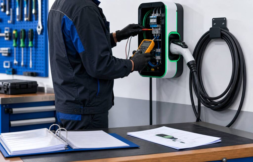 Technicien vérifiant une wallbox avec un multimètre et des documents de garantie