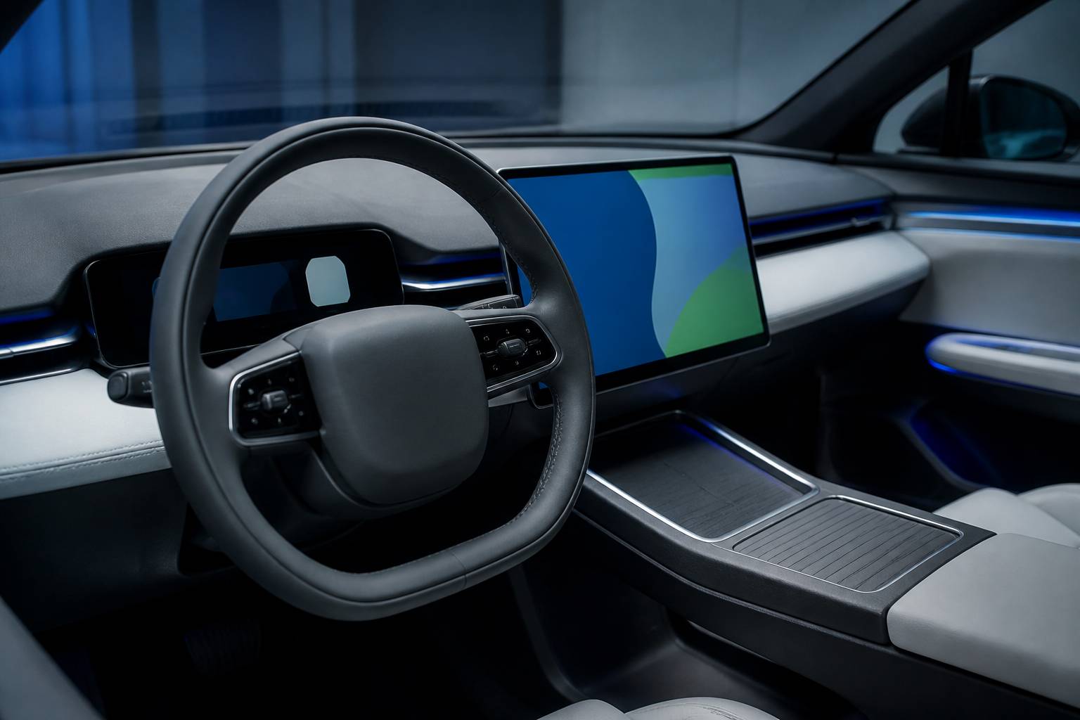 Intérieur de SUV électrique avec volant et écran central
