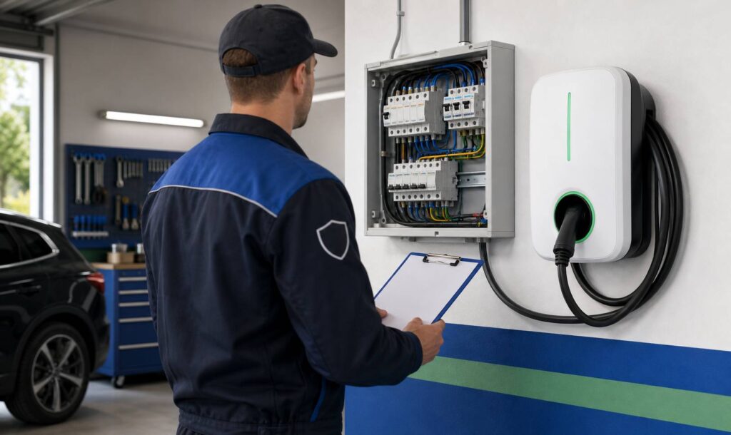 Installateur en tenue de travail devant une wallbox avec tableau électrique ouvert