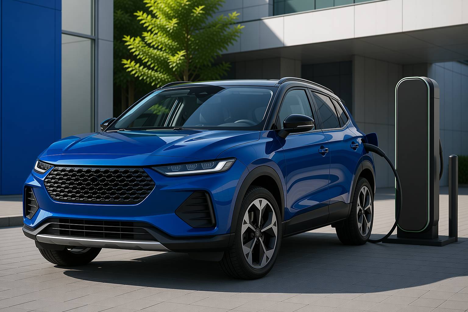 SUV compact générique garé près d'une borne de recharge