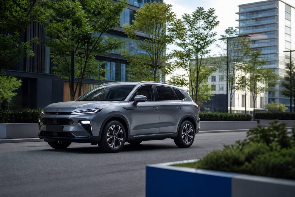 SUV compact hybride gris argenté dans un environnement urbain moderne