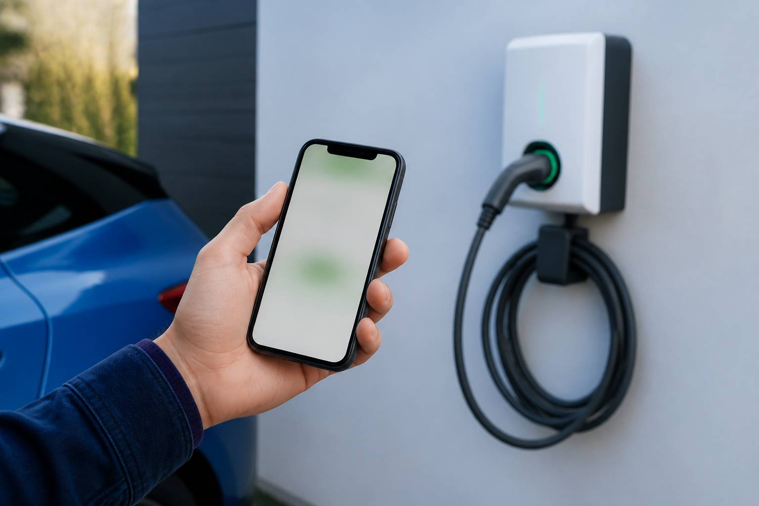 Main tenant un smartphone flou devant une wallbox de recharge