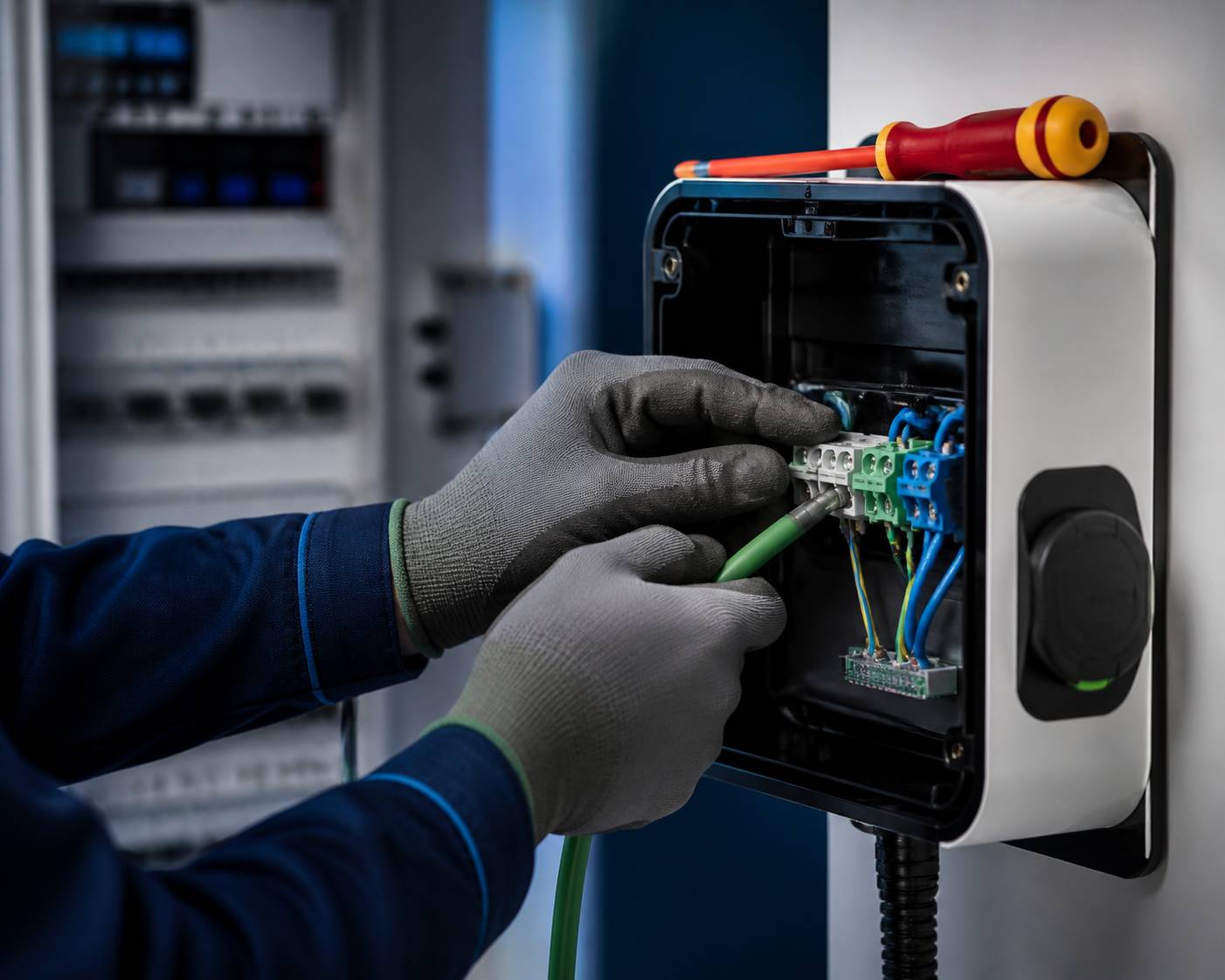 Mains gantées d'un installateur serrant un câble sur une wallbox