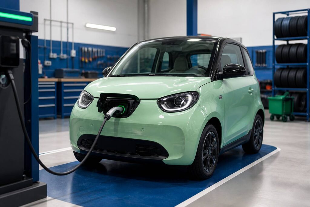 Petite voiture électrique vert menthe branchée en recharge