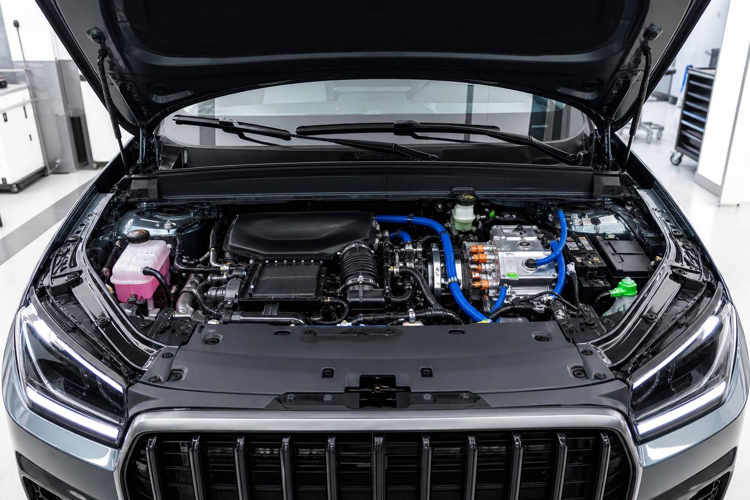 Compartiment moteur ouvert d'un SUV hybride avec éléments techniques propres