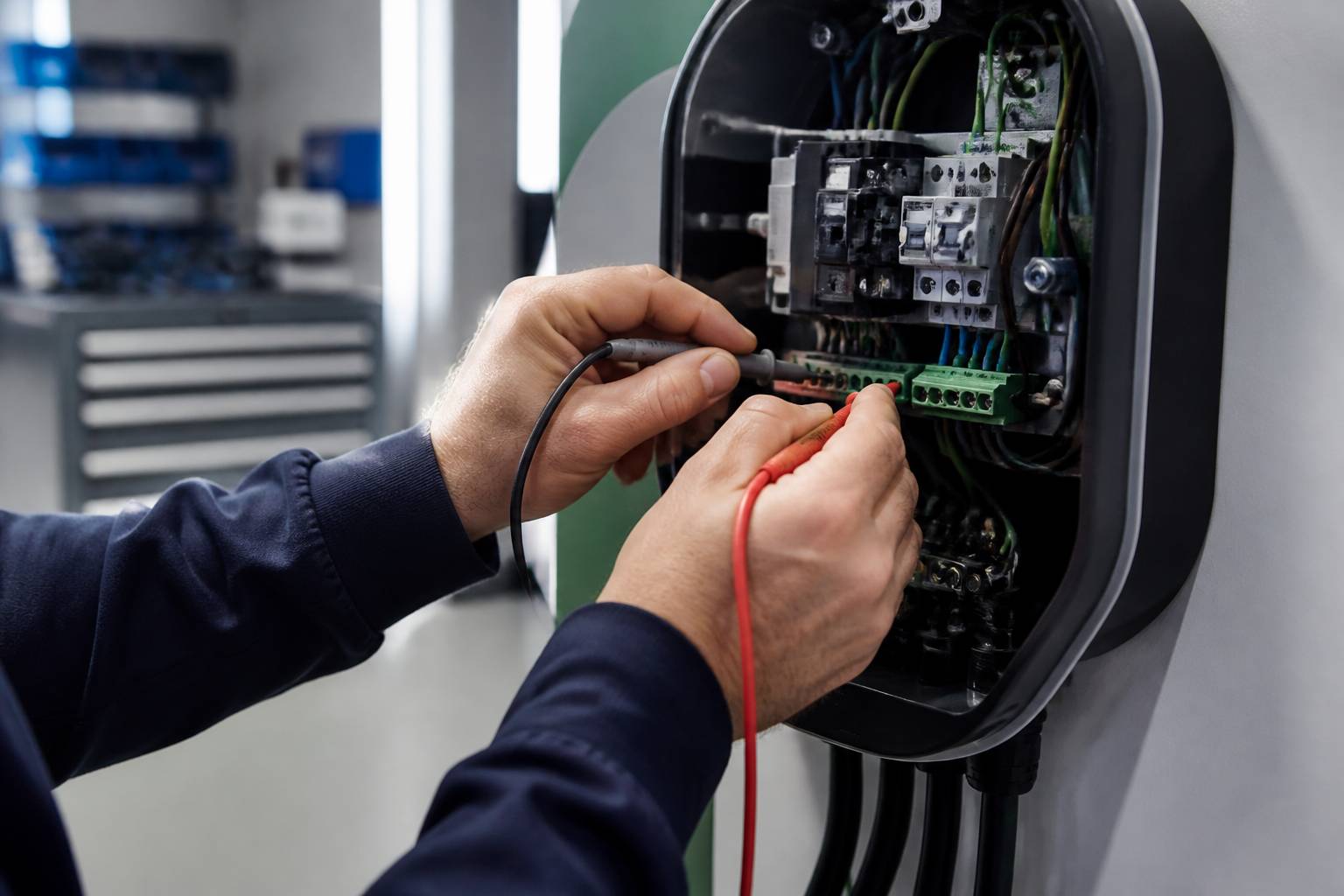 Mains d'un technicien posant un multimètre sur les bornes d'une wallbox