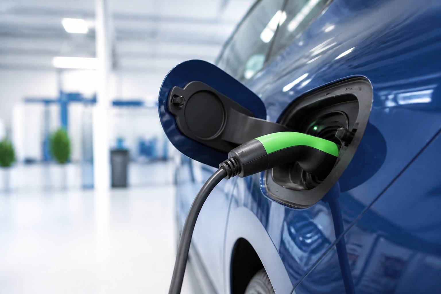 Câble de recharge branché sur l'aile d'une berline compacte bleue