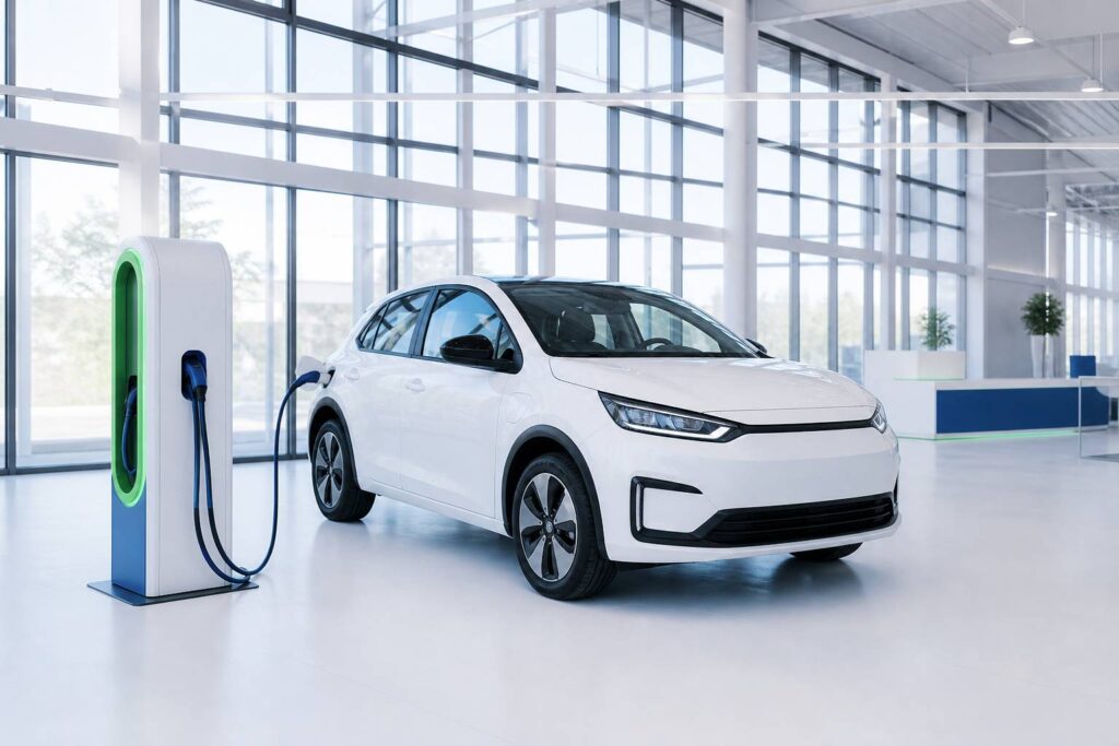 Citadine électrique blanche compacte près d'une borne dans un showroom clair