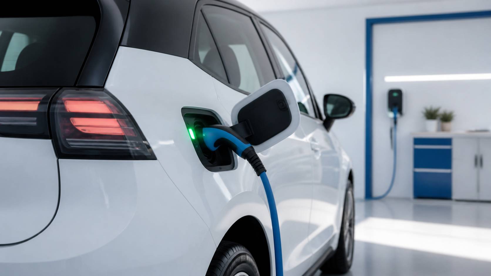 Câble de recharge branché sur une citadine électrique au port ouvert