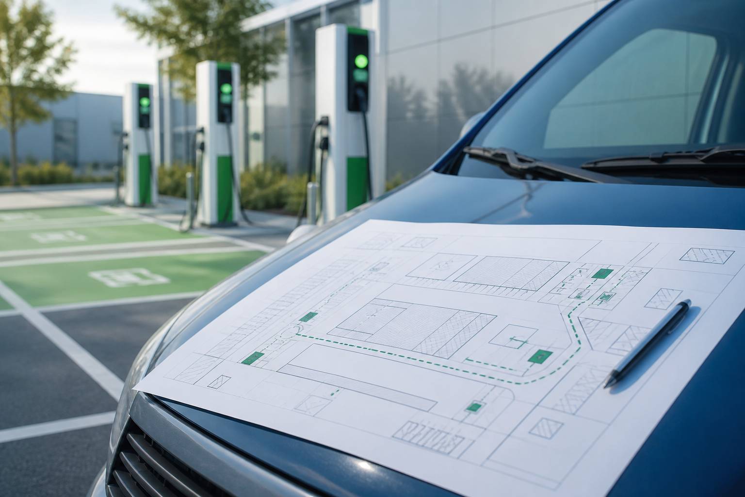 Plan d'implantation déplié avec un stylo sur le capot d'une camionnette