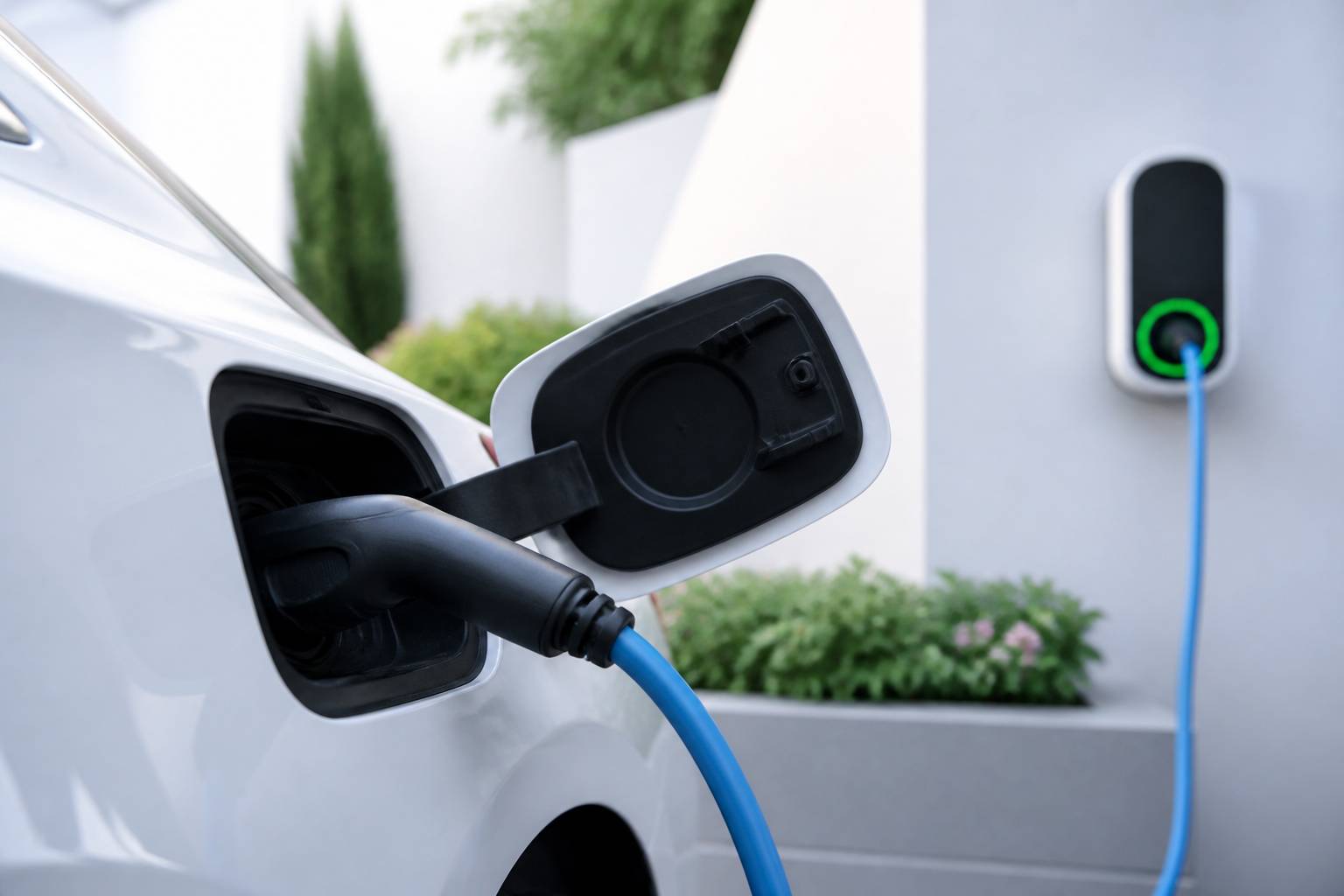Gros plan sur le port de charge ouvert d'une voiture avec le câble connecté