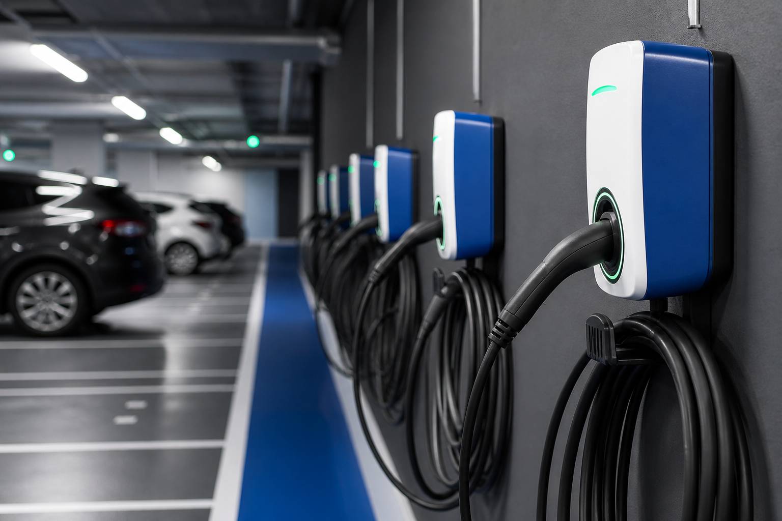 Rangée de bornes de recharge fixées au mur d'un parking
