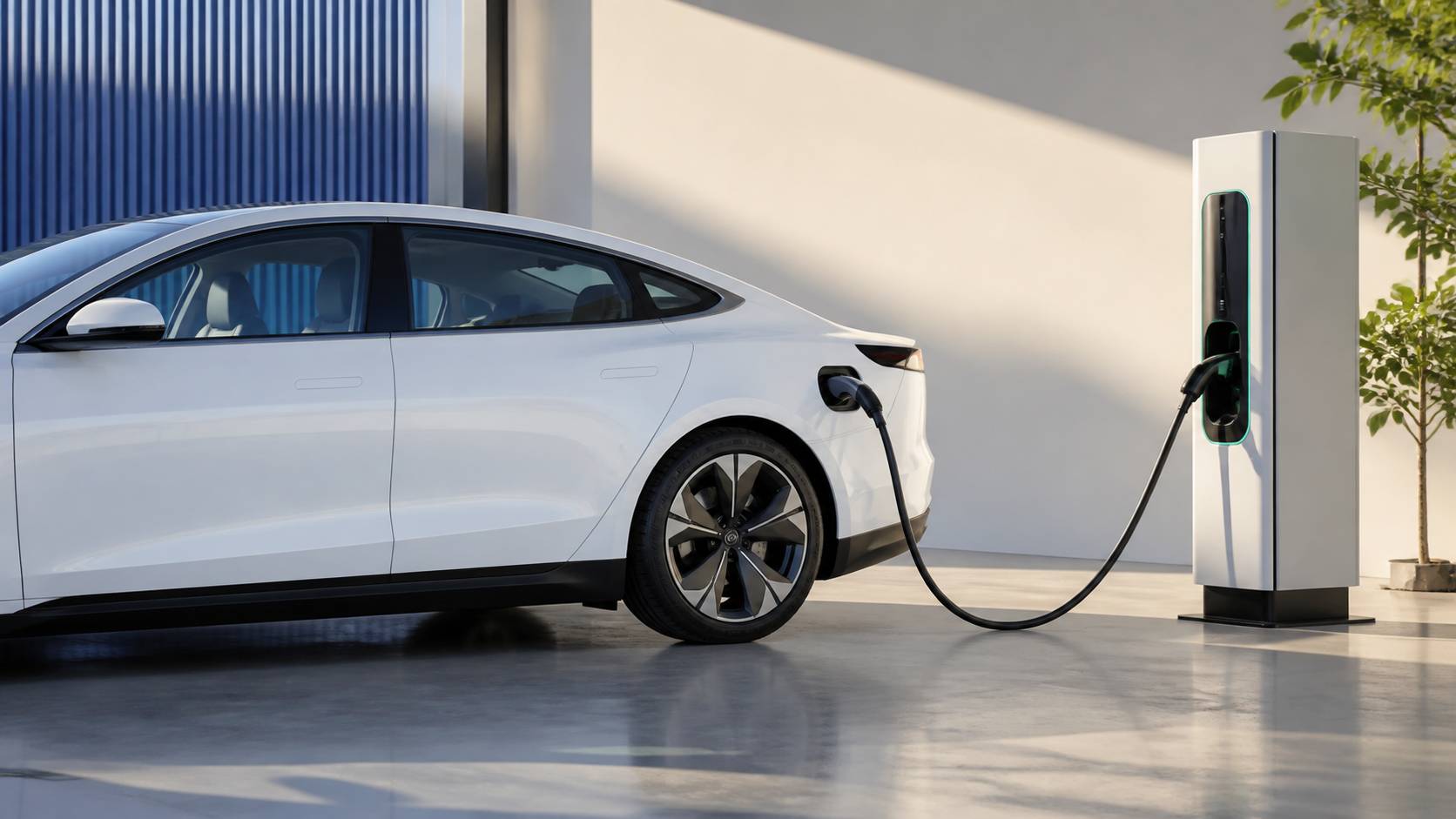 Câble de recharge branché sur une berline électrique profilée, borne en arrière-plan