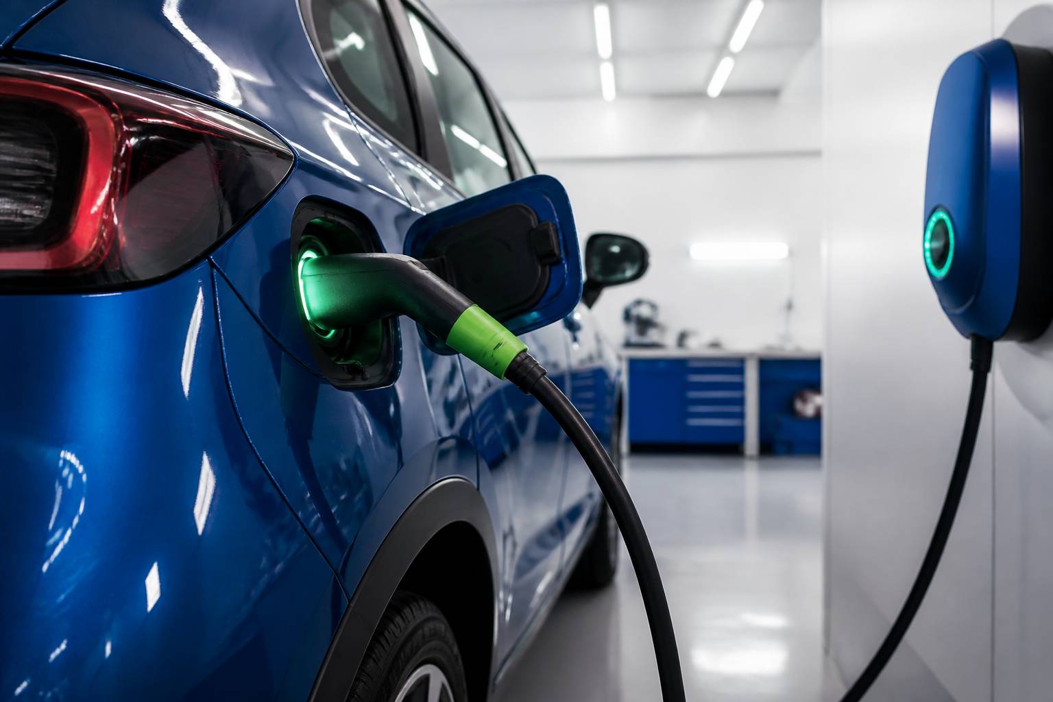 Câble de recharge branché sur une voiture électrique citadine