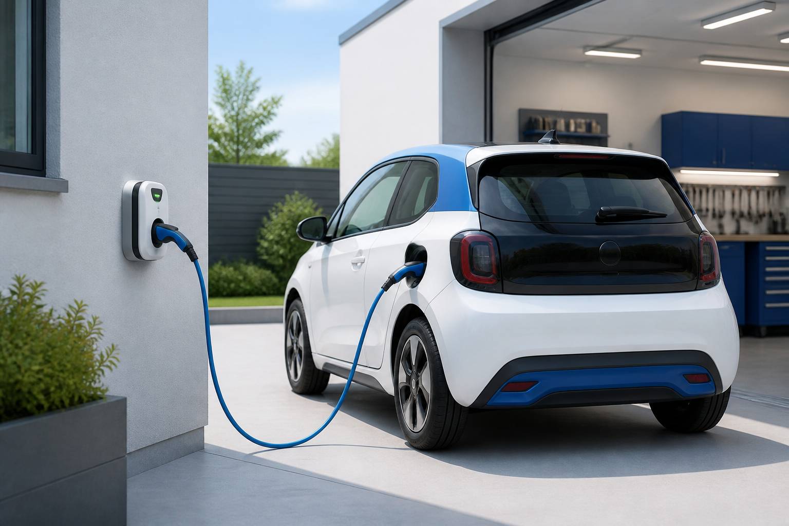 Petite voiture électrique branchée à une prise de recharge