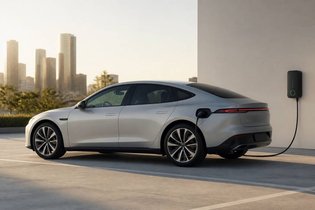 Berline électrique au design profilé et fluide sur un parking moderne au coucher du soleil
