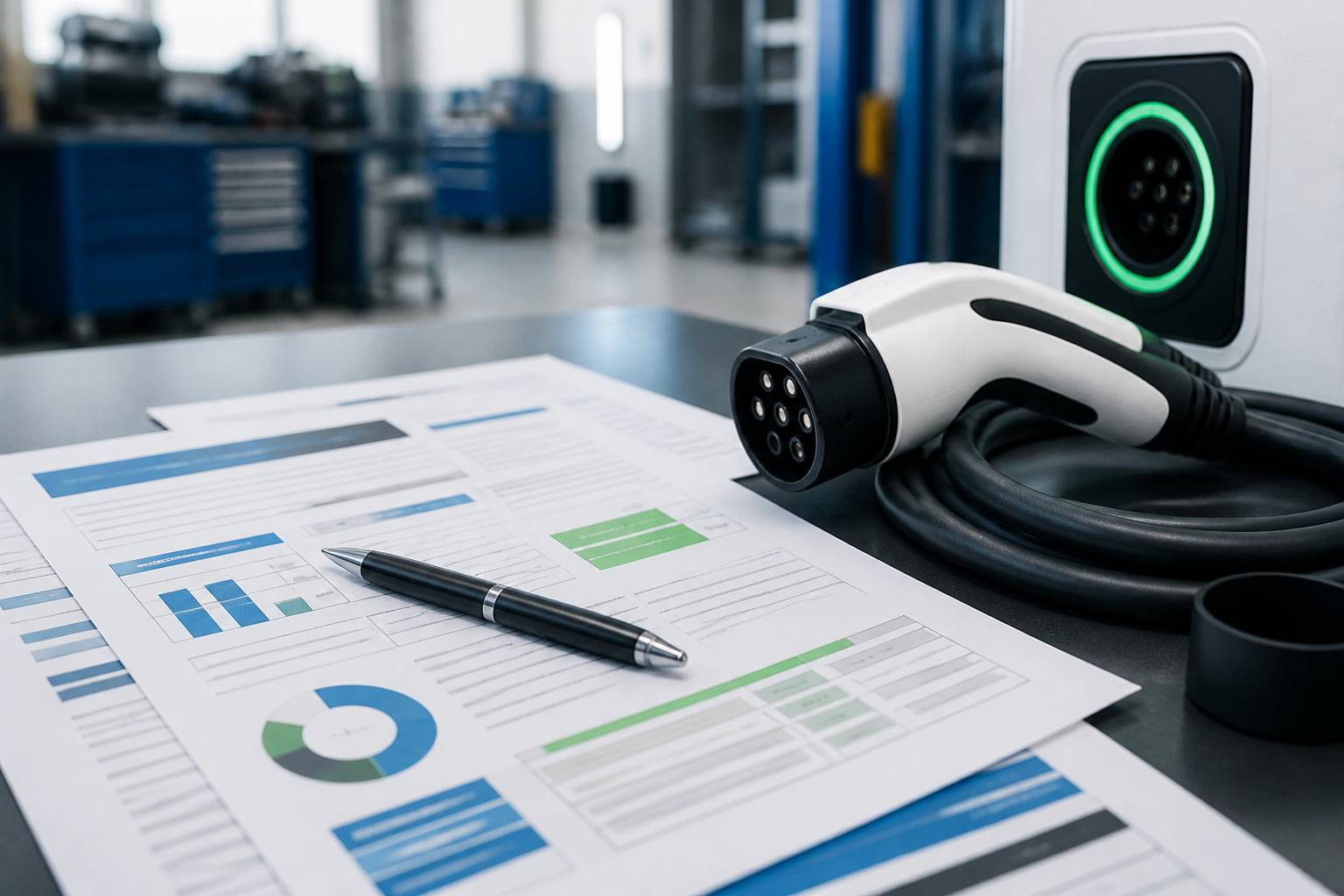 Stylo posé sur des documents comparatifs avec câble de recharge