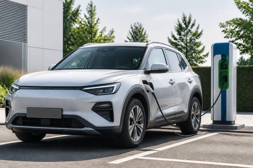 SUV compact hybride garé devant une borne de recharge