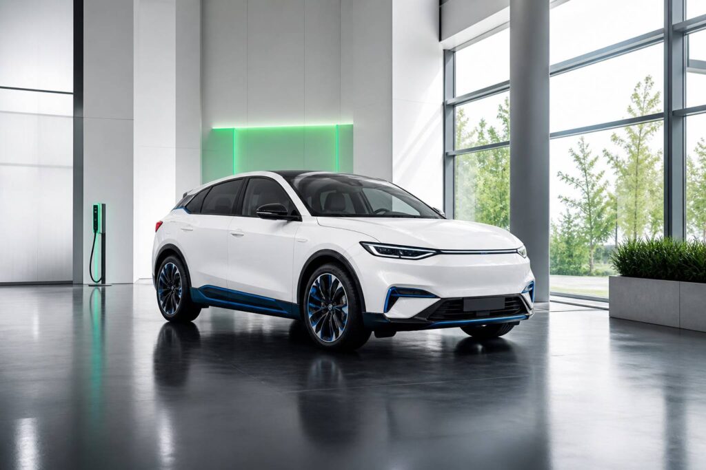 SUV coupé électrique générique blanc dans un showroom
