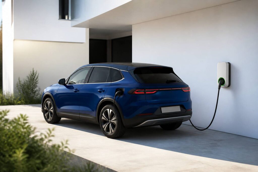 SUV électrique compact générique bleu branché à une borne de recharge murale devant une maison