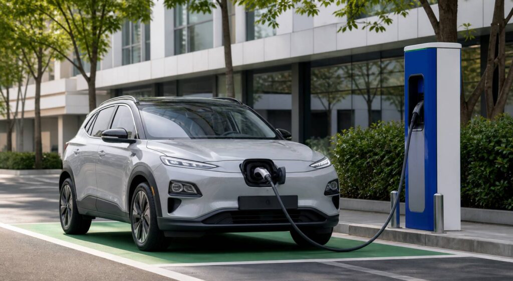 SUV électrique générique branché à une borne de recharge